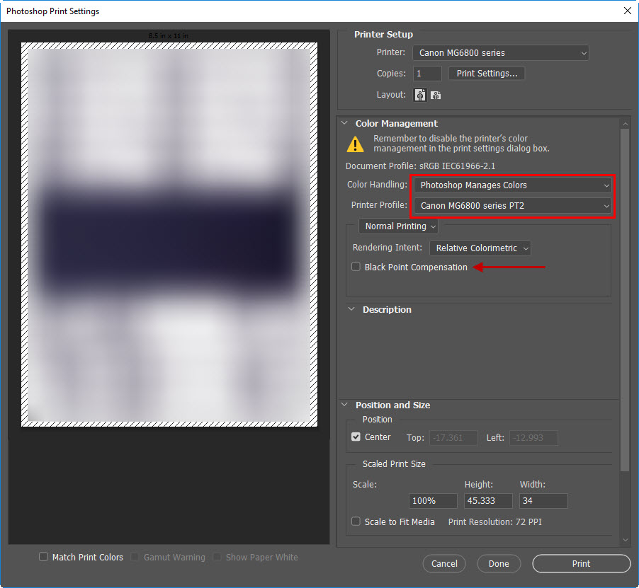 Image: Photoshop Print Settings with Color Handling - Photoshop Manages Colors and Printer Profile - Canon MG6800 series PT2 highlighted. Also, an arrow points to the Black Point Compensation checkbox.