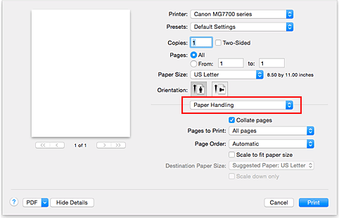 Image of Print Dialog screen with Paper Handling box highlighted