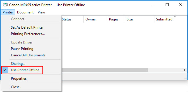 Printer menu shown with Use Printer Offline option checked