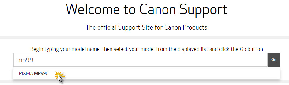 Welcome to Canon Support Home screen - begin typing your model name