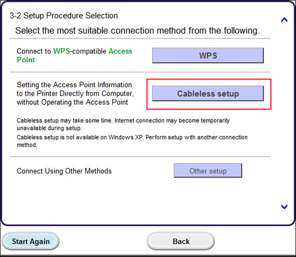 Select Cableless setup (outlined in red) on the Setup Procedure Selection screen