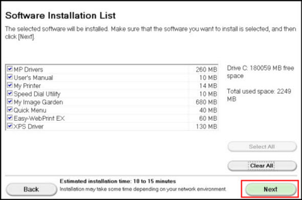 Select the software you want to install, then click Next (outlined in red) to proceed