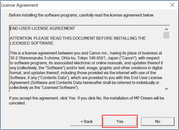 Read the license agreement and select Yes (outlined in red) to proceed 