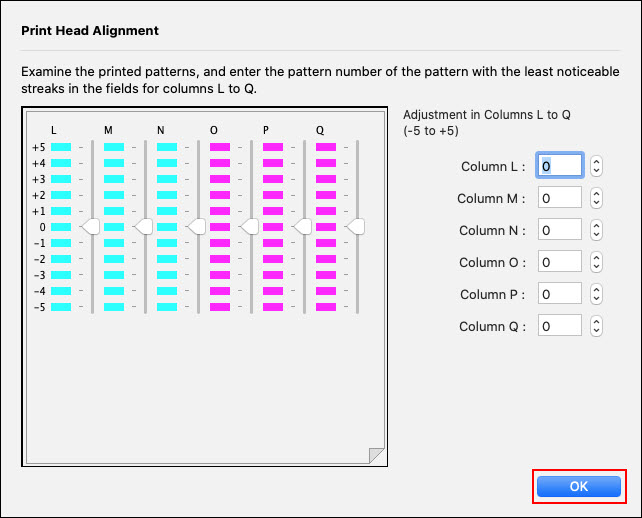 Image: Print Head Alignment screen to enter the pattern number of the pattern with the least noticeable streaks in the fields for columns L to Q