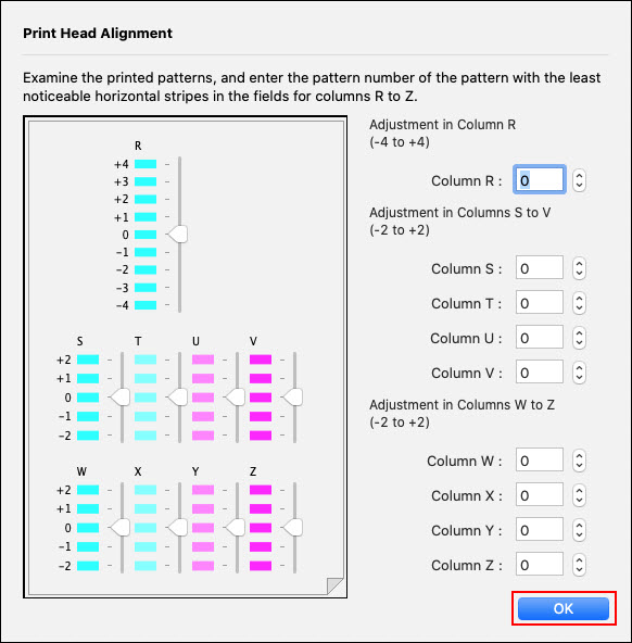 Image: Print Head Alignment screen to enter the pattern number of the pattern with the least noticeable horizontal stripes in the fields for columns R to Z