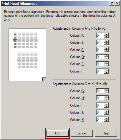 Image: Print Head Alignment screen to enter the pattern number of the pattern with the least noticeable streaks in the fields for columns A to K