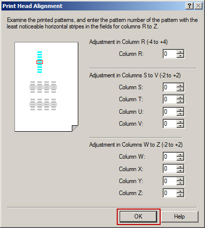 Image: Print Head Alignment screen to enter the pattern number of the pattern with the least noticeable horizontal stripes in the fields for columns R to Z