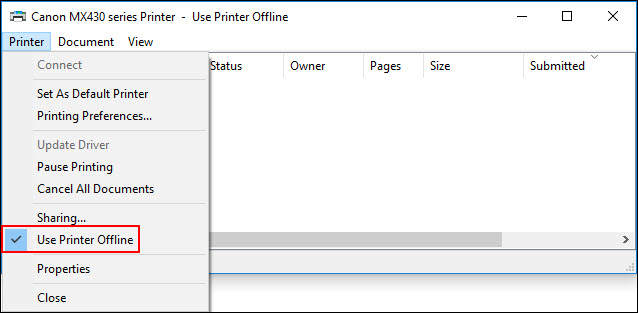 Use Printer Offline shown selected. This needs to be un-selected.