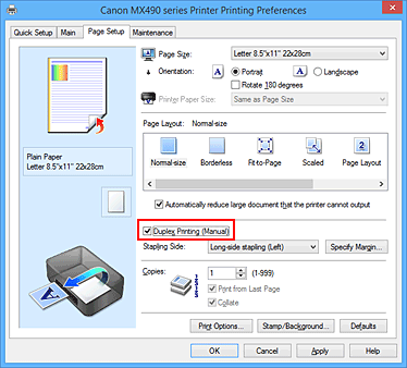 Image of Duplex Printing (Manual) checkbox on the Page Setup tab