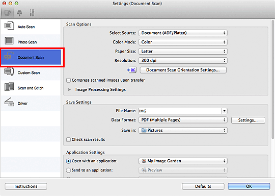 Click Document Scan (outlined in red) to view the Document Scan settings