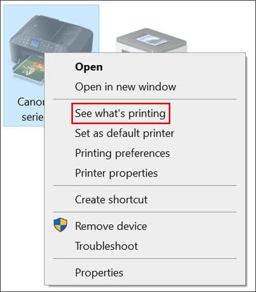 Printer icon selected, then drop-down shown with See what's printing selected.