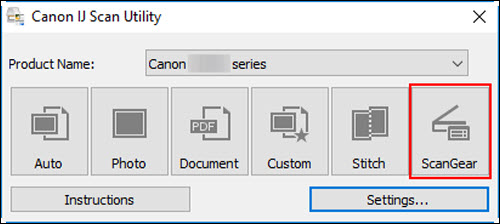 Click ScanGear in the IJ Scan Utility window (outlined in red)