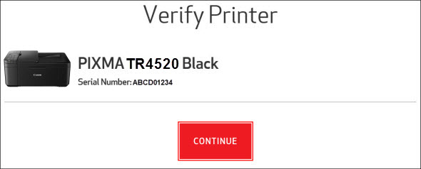 Verify that your printer model and its serial number are displayed, then click Continue (outlined in red)