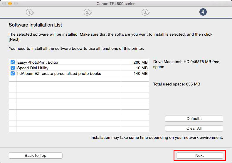 Software installation list, with sample software selected, then Next button clicked.