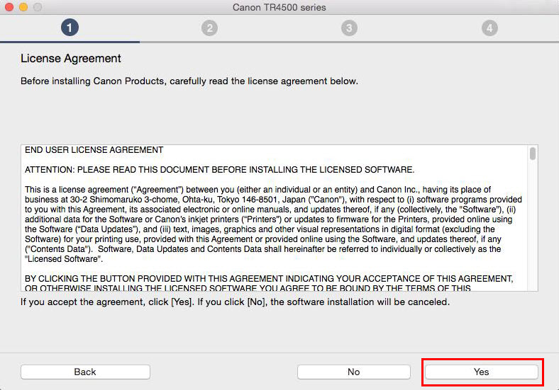 License agreement screen: select Yes