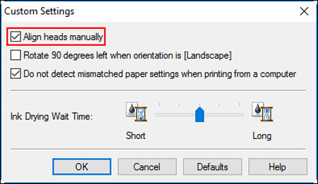 Custom Settings dialog box: Align heads manually selected (outlined in red)
