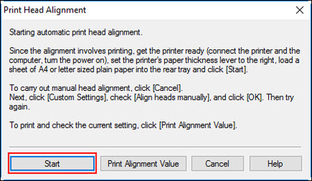 Figure: Select Start in the print head alignment message (outlined in red)