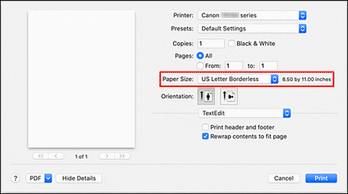 Figure:Select XXX Borderless for Paper Size (outlined in red) from the print dialog