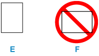 Figure: Load paper in portrait orientation (E, short side on bottom), not landscape orientation (F, long side on bottom)