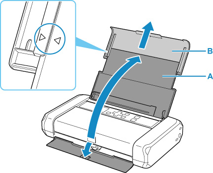 Figure: Open the rear tray cover (A). Pull out the paper support (B) until the arrows are aligned (shown in inset)