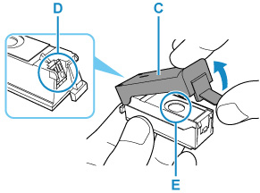 Figure: Cap (C) removed from ink tank. Electrical contacts (D) shown in inset