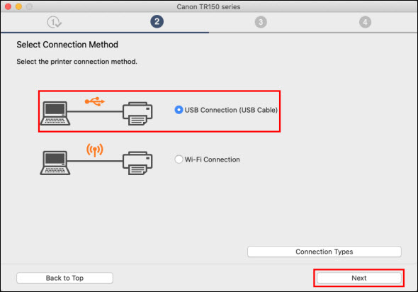 Select USB Connect (USB Cable) (outlined in red) on the Select Connection Method screen and click Next (outlined in red)