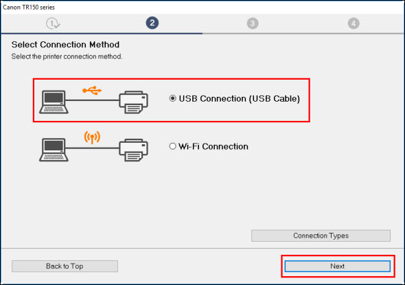 Make sure that USB Connection (USB Cable) (outlined in red) is selected, then click Next (outlined in red).