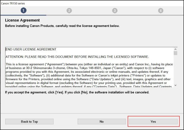 Click Yes (outlined in red) to continue with the setup process. If you click No, the installation will not continue