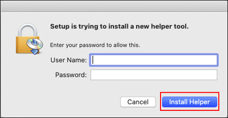 Enter your computer's password when prompted and click Install Helper (outlined in red)