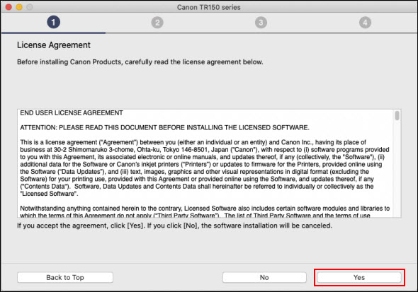 Read the License Agreement and click Yes (outlined in red) to proceed