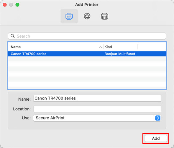 Select the printer, make sure AirPrint or Secure Airprint is selected for Use;, then click Add (outlined in red)
