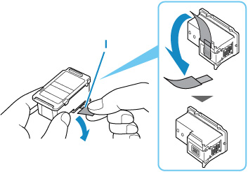 Take a new ink cartridge out of its package and gently remove the protective tape (I)