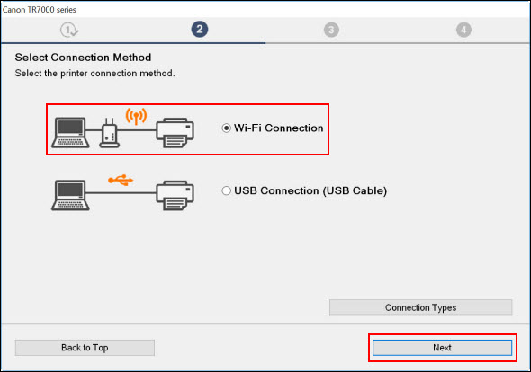 Select Wi-Fi Connection, then click Next (outlined in red)