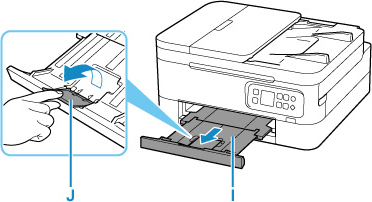 Pull out the paper output tray (I) and open the paper output support (J)