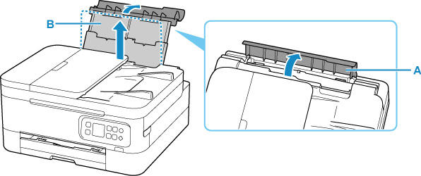 Open the rear tray cover (A). Pull straight up and fold back the paper support (B)