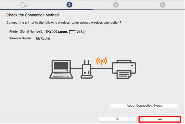 Check the Connection Method screen: Verify that your printer shows in this screen, then click Yes (outlined in red)