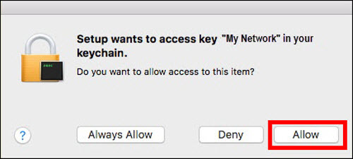 Setup wants to access your network key. Click Allow (outlined in red)