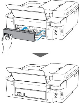 Insert the projections of the right side of the rear cover into the printer, and then push the left side of the rear cover until it is closed completely