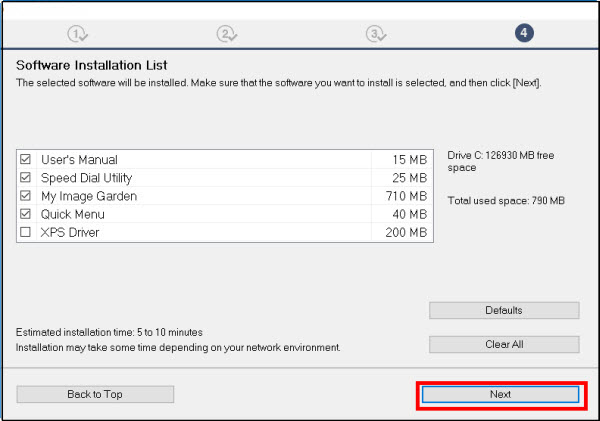 Software Installation List screen. Sample items are selected via the checkbox to the left of the item.