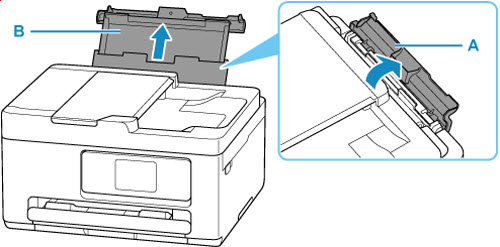Open the rear tray cover (A), then pull up the paper support (B)