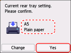 Confirm that the paper shown matches what is loaded in the printer, then tap Yes (outlined in red)