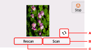 Image shows printer panel rotate button (A), Scan button (B), and Rescan button (C).