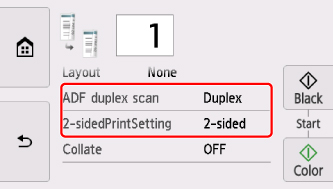 Printer panel shows two selections: ADF duples scan or 2-sidedPrintSetting.