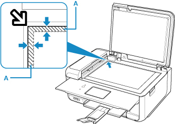 The printer cannot scan the striped area (A) (0.04 inches (1 mm) from the edges of the platen glass)