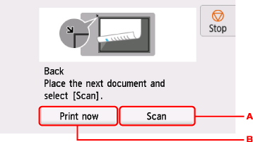 Image shows printer panel Scan button (A), and Print Now button (B).