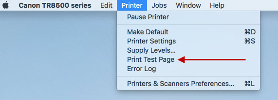 Print test page selected from Printer menu.
