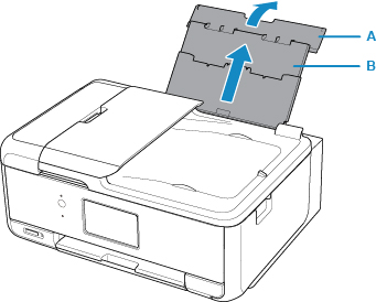 Tray cover (A) open with paper support (B) extended