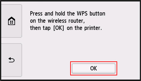 After pressing and holding the WPS button on the router, tap OK (outlined in red)