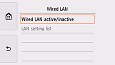 Wired LAN screen: Select Wired LAN active/inactive