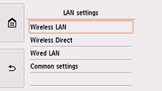 LAN settings screen with Wireless LAN selected at top